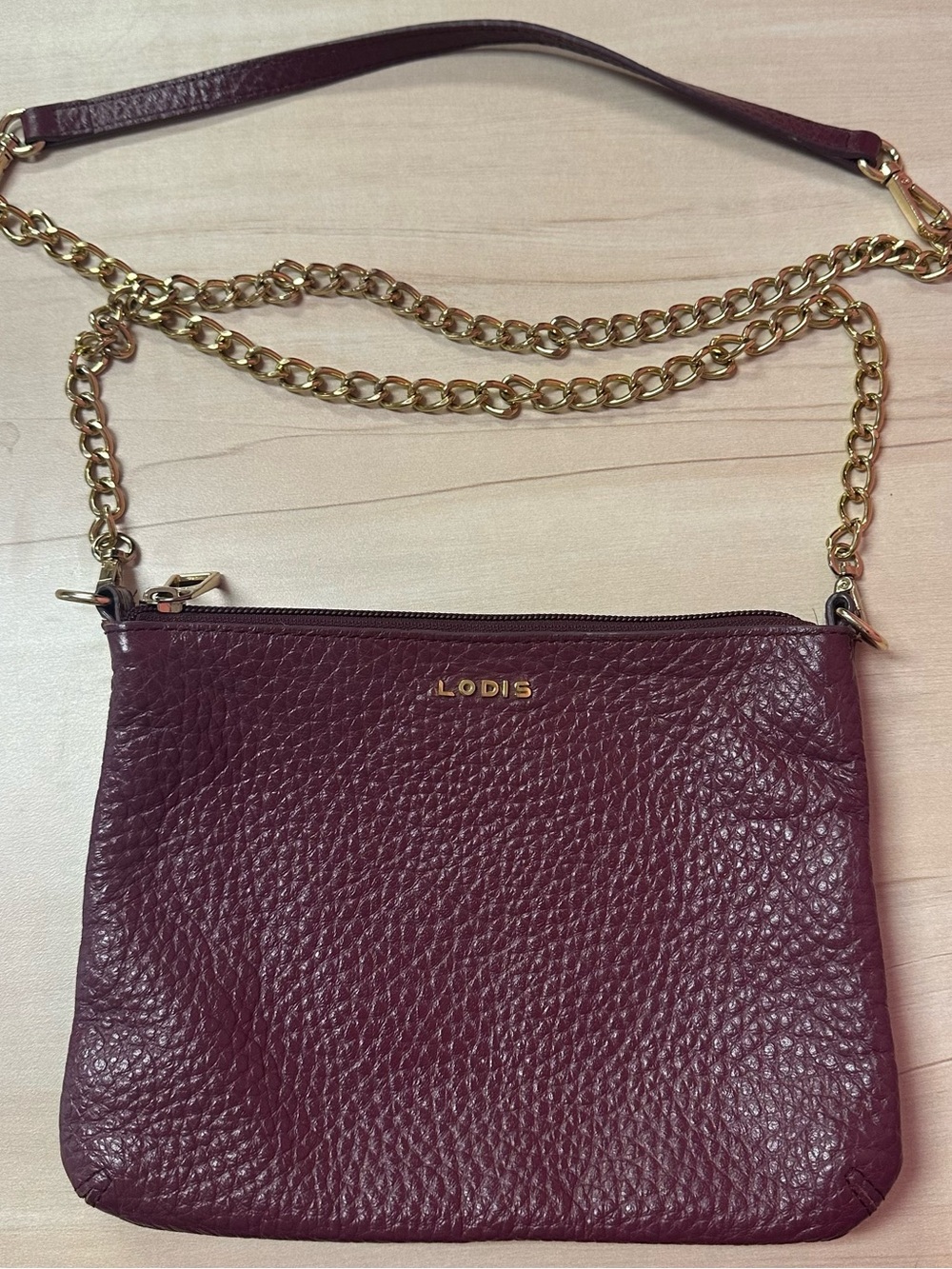 Lodis Emily Convertible Burgundy Pebbled Leather Crossbody with Gold Chain